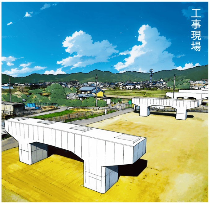建設作業員たちが働く工事現場の様子を描いたマンガの場面