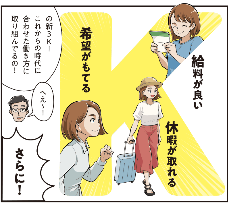西尾彩が父親に「それは古い、丸洋建設は新3Kを目指している」と説明し、父親が驚く。新3Kとは給料が良い・休暇が取れる・希望が持てることで、これからの時代に合った働き方に取り組んでいると語る場面のマンガ