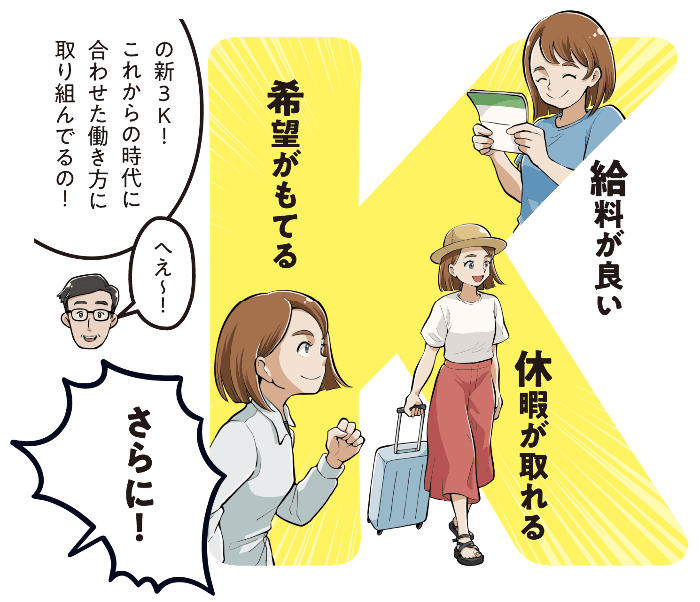西尾彩が父親に「それは古い、丸洋建設は新3Kを目指している」と説明し、父親が驚く。新3Kとは給料が良い・休暇が取れる・希望が持てることで、これからの時代に合った働き方に取り組んでいると語る場面のマンガ
